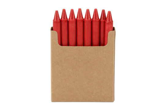 Brown cardboard box filled with eight vibrant red wax crayons stands upright on a clean white background