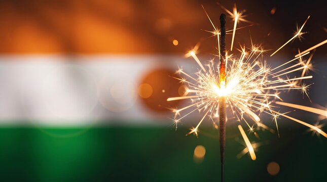 Close up of burning sparkler against blurred flag of Niger for national independence day celebration
