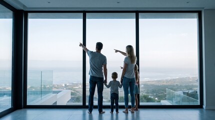 Naklejka na ściany i meble family looking out of a large window pointing at the city view.
