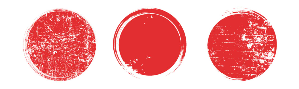 Red grunge circle stamp collection with rough ink edges and hand-drawn round shapes, perfect for vintage badges, seals, labels, logos and distressed print artwork. EPS10.
