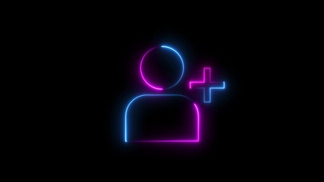 Glowing profile add user icon animation on black background .Looped Neon Lines abstract contact with add friend icon animation plus sign add member head face people man profile animated ..