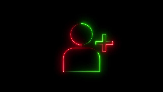 Glowing profile add user icon animation on black background .Looped Neon Lines abstract contact with add friend icon animation plus sign add member head face people man profile animated ..