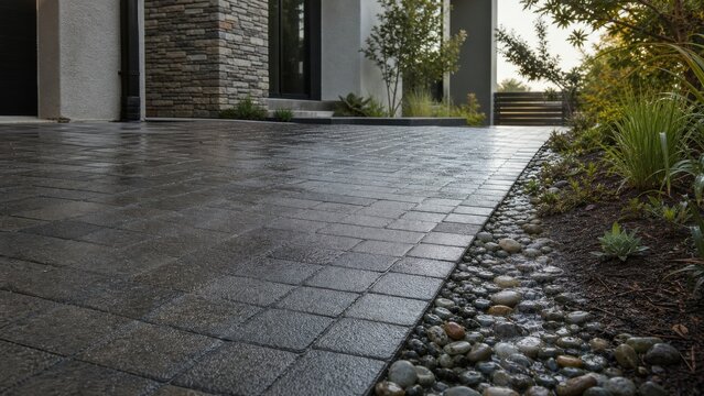 Rain soaking through a permeable paver driveway without surface runoff, ideal for sustainable drainage and resilient home design