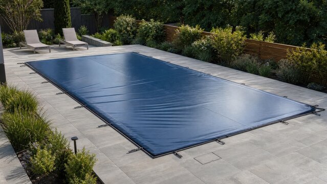Secure fitted pool cover reducing evaporation in a modern backyard, ideal for household water conservation and property care