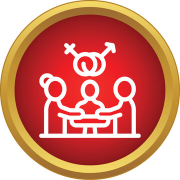 Line icon illustrating family embracing child with male and female symbols above