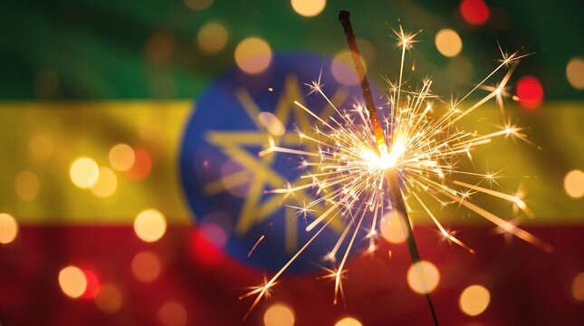 Macro shot of a burning sparkler against blurred Ethiopian flag with festive golden bokeh lights