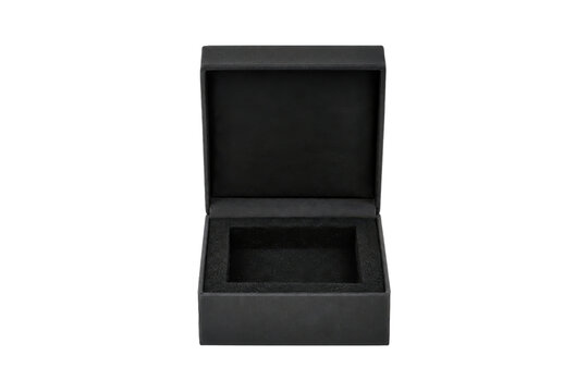 Empty black rectangular gift box with an open lid and protective foam insert is isolated on a clean white background