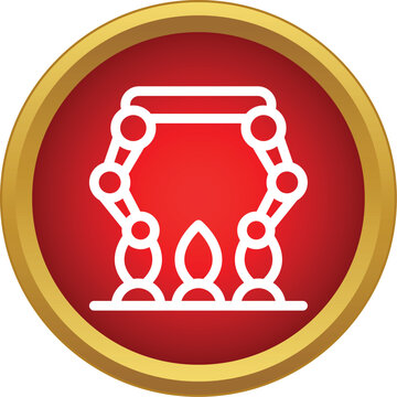 Gas burner icon showing a flame with surrounding elements within a gold framed red circle