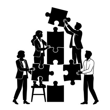 Business team assembling a vertical tower of jigsaw puzzle pieces together