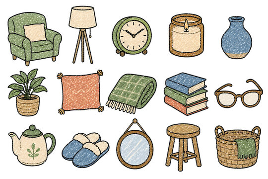 Cozy Home Chalk Doodle Icon Set - 15 Hand Drawn Chalk Objects