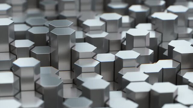Moving Iron or silver mosaic hexagon surface. Astract metal background. 3d animation