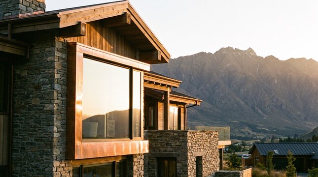 Modern mountain home with stone architecture and large bay windows overlooking a scenic landscape.