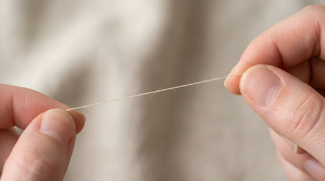 Close-up of human hands holding a single strand of natural light-colored thread or yarn against a soft blurred background.