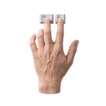 Realistic human hand pressing Ctrl Z undo shortcut keycaps isolated on transparent background