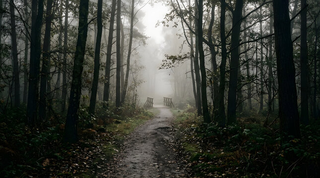 Misty forest path in autumn, foggy woodland trail with dark trees and morning light