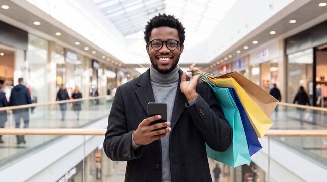 African man shopping in a mall, holding colorful bags and using a smartphone, with a busy shopping area in the background