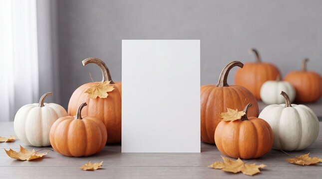 White blank card surrounded by orange and white pumpkins with autumn leaves on a wooden table in a softly lit indoor setting