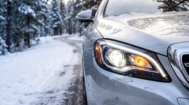 Silver sedan parked on a snowy road surrounded by evergreen trees, showcasing headlights illuminated in a winter landscape