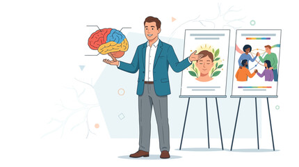 Obraz premium Man presenting brain health, mindfulness, and teamwork during a lecture or workshop