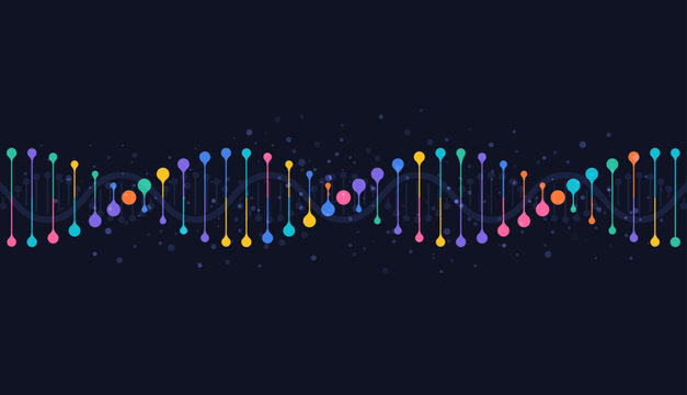 Horizontal DNA data wave formed by colorful genetic elements and connecting lines on a dark background