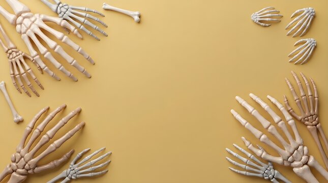 Skeleton Hands and Bones Frame on Mustard Yellow Background &ndash; Anatomy or Halloween Concept