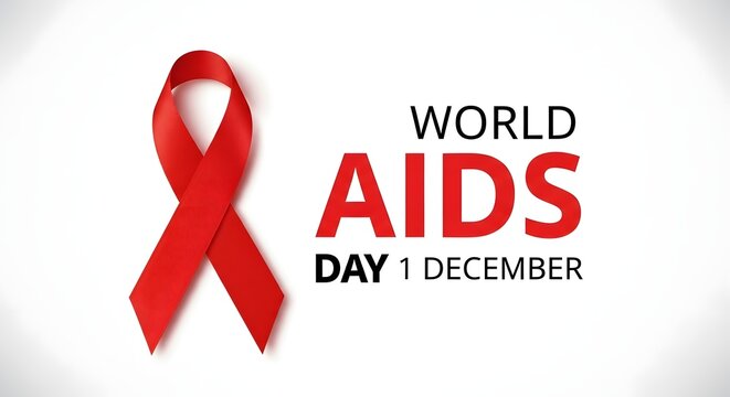 A red ribbon symbol representing awareness for world aids day on december first featuring bold typography isolated on a clean white background for medical health