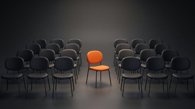 Single Bright Orange Chair Standing Out Among Rows of Black Office Chairs Representing Individuality and Leadership Concept