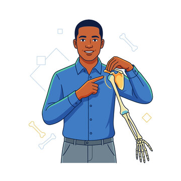 Man demonstrating shoulder anatomy, pointing to clavicle and scapula with skeleton arm overlay
