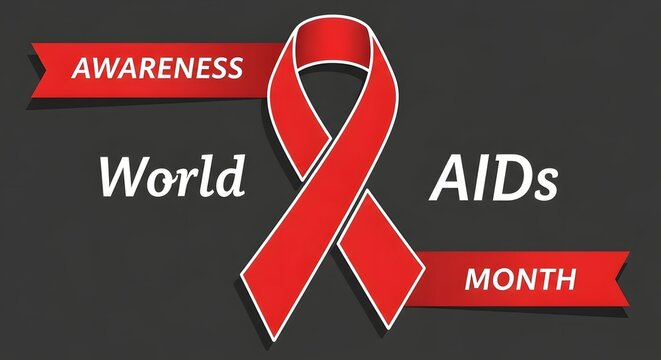 A red ribbon symbol representing support and solidarity for world aids day awareness month campaign design on a dark background for global health education outreach