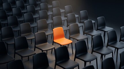 Obraz premium One bright orange chair breaking symmetry among rows of black chairs in empty auditorium