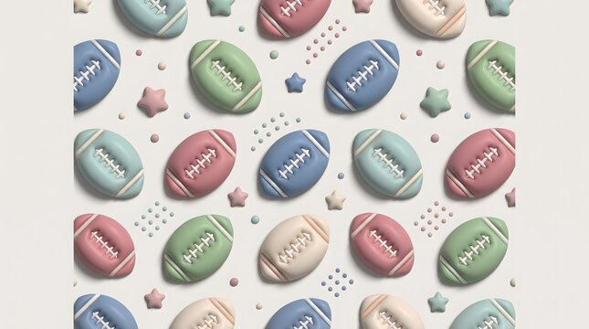Pastel colored football pattern featuring decorative stars and small polka dots rendered in a soft minimalist flat lay design style