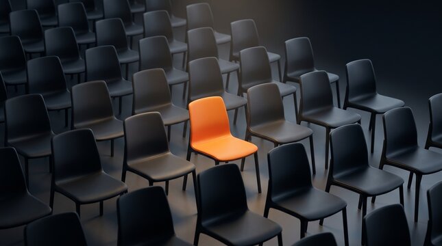 One bright orange chair breaking symmetry among rows of black chairs in empty auditorium