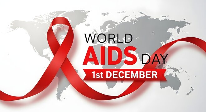 A red ribbon symbol representing awareness for world aids day with a global map background design to commemorate the important health event on first december
