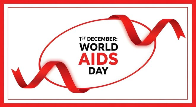 A professional graphic design poster for world aids day featuring a red awareness ribbon loop on a white background to support global health awareness campaigns