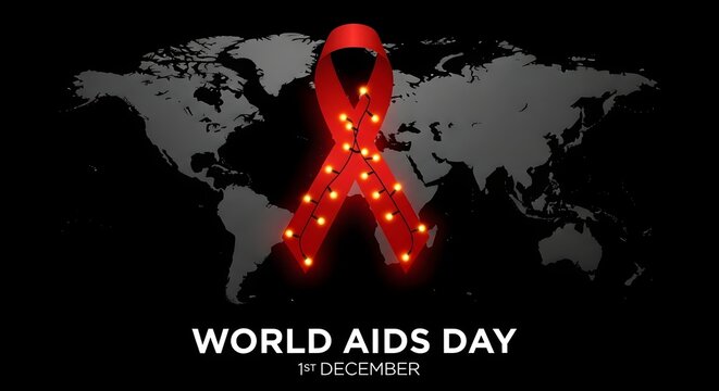 A glowing red awareness ribbon positioned over a dark world map background to commemorate world aids day and promote global solidarity for health and support