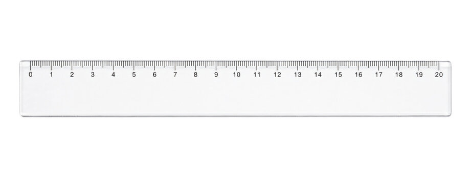 Transparent plastic ruler with black markings from zero to twenty centimeters is isolated on a clean white background