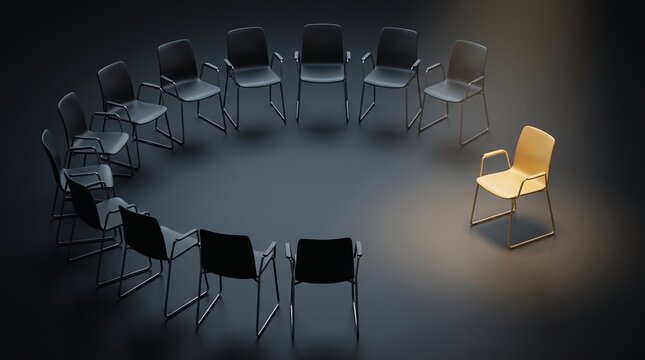 Unique yellow chair standing out in a circle of empty black seats under a spotlight concept of leadership and individuality
