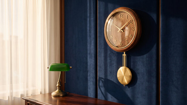 Elegant classic round wooden pendulum wall clock hanging on a luxury dark blue velvet textured wall