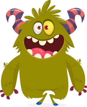 Happy Halloween cartoon monster with scary horns and funny face