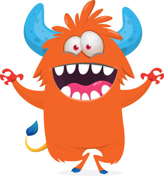 Cute funny Halloween cartoon monster creature waving hands vector