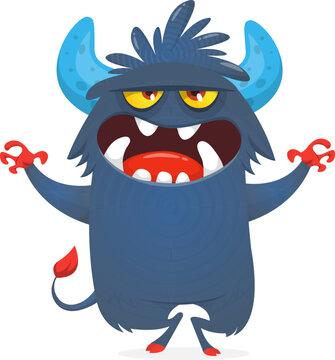 Cute funny Halloween cartoon monster creature waving hands vector