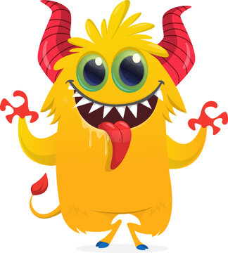 Cute funny Halloween cartoon monster creature waving hands vector