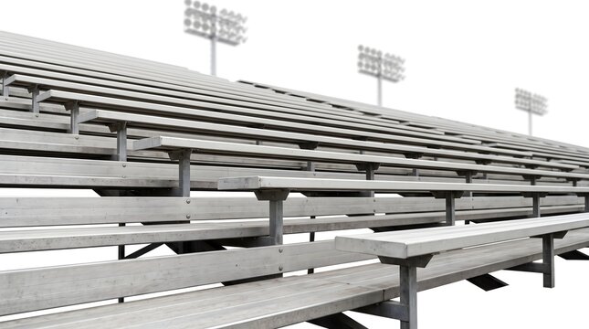 Empty metal stadium bleacher seats arranged in parallel rows featuring weathered aluminum texture with bright white industrial light towers overhead