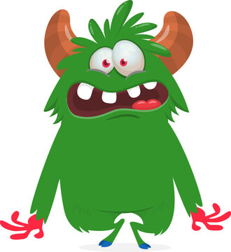 Cute funny Halloween cartoon monster creature waving hands vector
