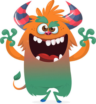 Cute funny Halloween cartoon monster creature waving hands vector