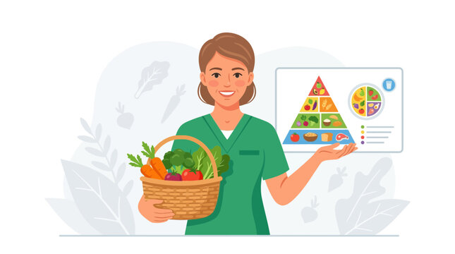 Nutritionist or dietitian presenting food pyramid and basket of fresh vegetables, promoting healthy eating and balanced diet