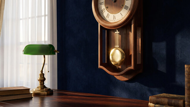Elegant classic round wooden pendulum wall clock hanging on a luxury dark blue velvet textured wall