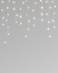 Naklejka premium Warm white LED string light curtain overlay. Hanging fairy lights. Festive holiday decoration, festive holiday decoration element is isolated on a transparent background PNG