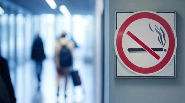 Travelers walk past a no smoking sign in an airport terminal with luggage in hand during midday hours