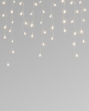 Warm white LED string light curtain overlay. Hanging fairy lights. Festive holiday decoration, festive holiday decoration element is isolated on a transparent background PNG